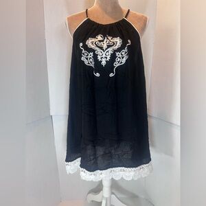 Suzanne Betro Black Halter tunic with White Embroidery
